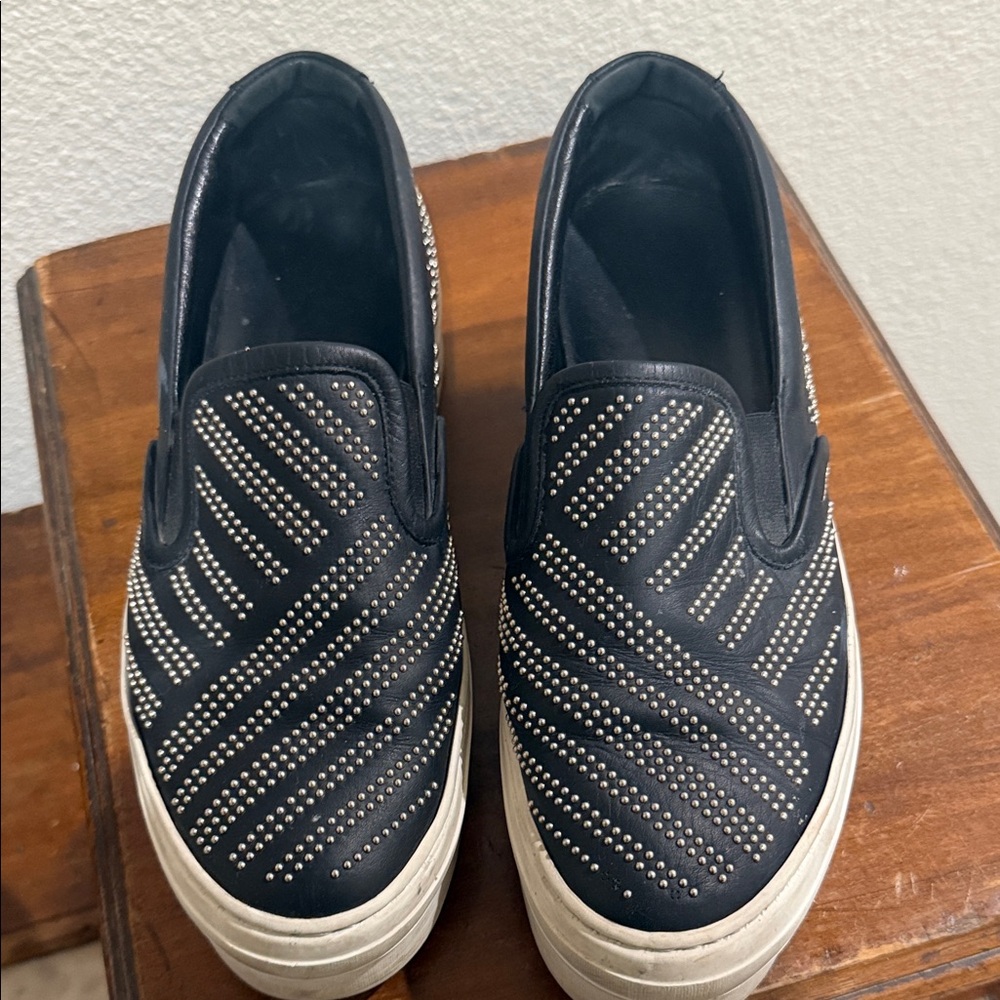 Salvatore Ferragamo Black and White Studded Slip-On Loafers